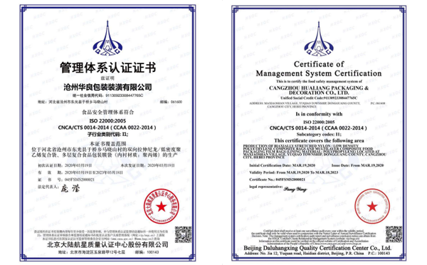 滄州華良包裝袋廠家資質證書-管理體系認證